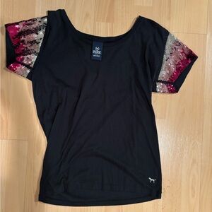 PINK Victoria's Secret Black Tee with Pink and Silver Sequin Ombre Sleeves